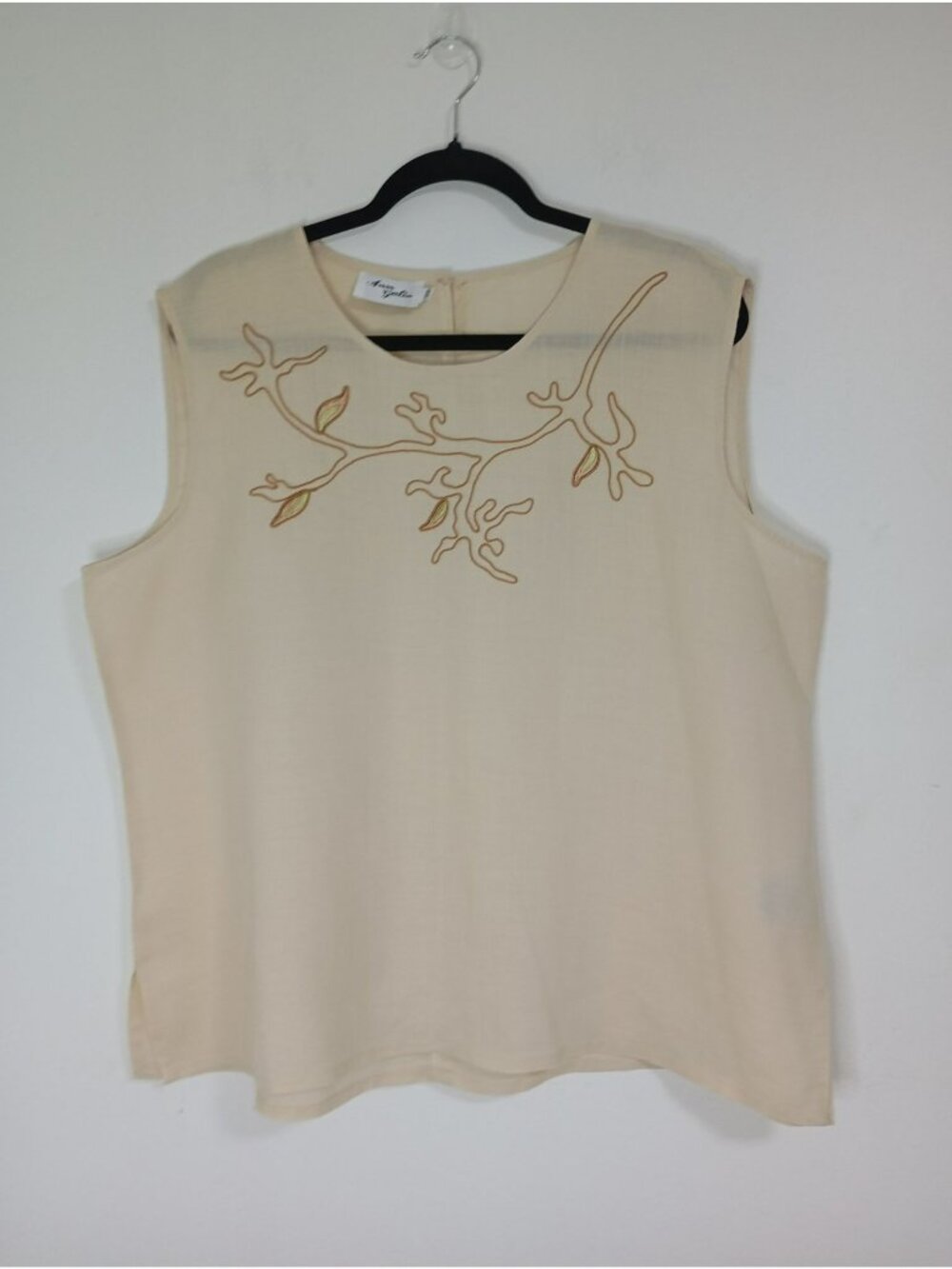 Ann Gerlin Women Beige Linen Sleeveless Top Embroidered Branch Design Sz 18W XXL